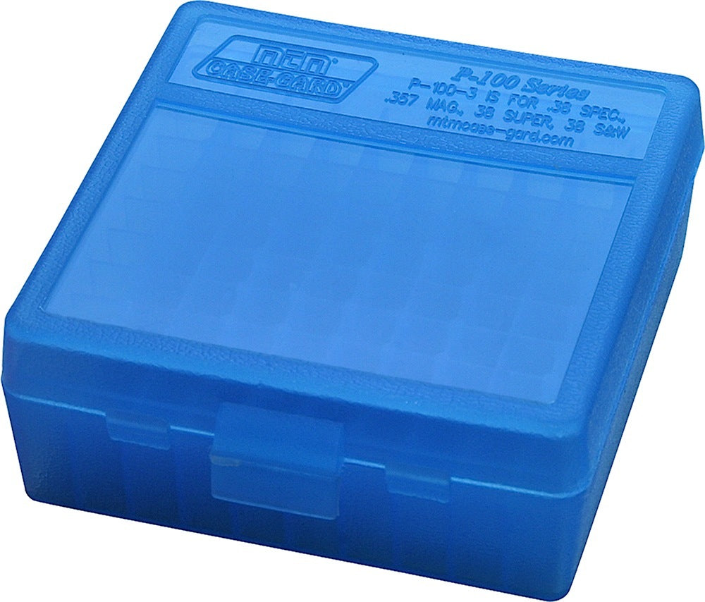 MTM Case-Gard P100324 100rd Multi-Caliber Handgun Flip-Top Ammo Box Clear Blue Polypropylene