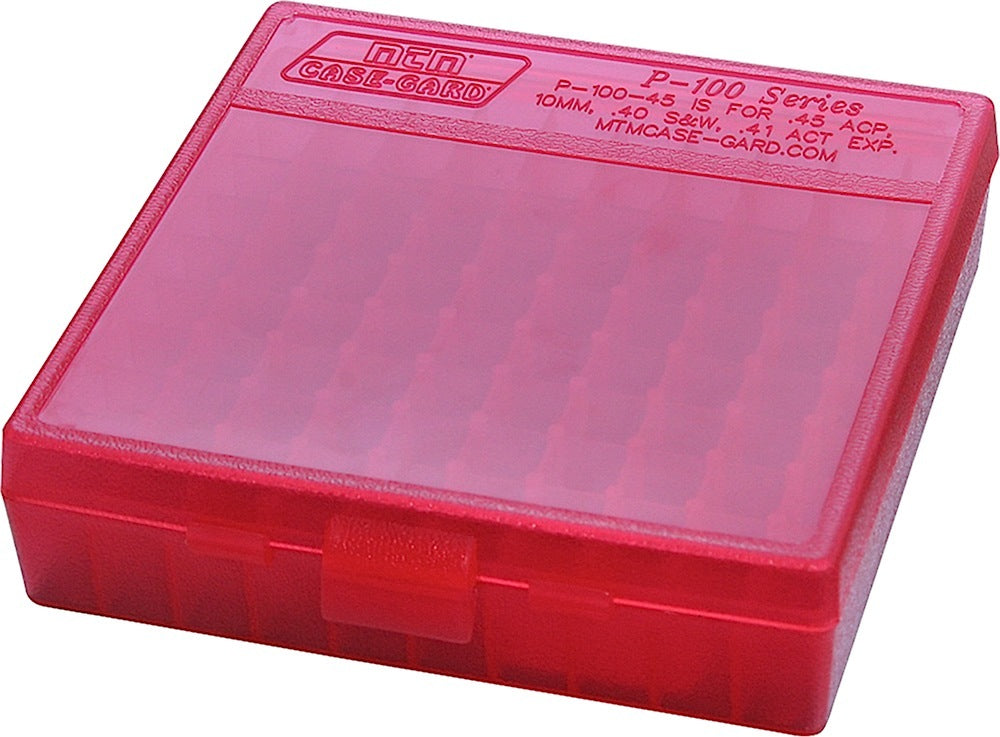 MTM Case-Gard P100929 100-Round Flip-Top Multi-Caliber Handgun Ammo Storage Box Clear Red Polypropylene