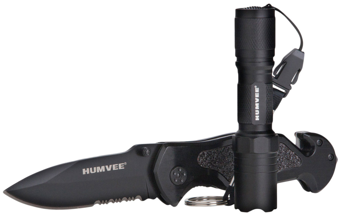 Humvee Adventure Gear HMVKCER1 3.25" Folding Rescue Knife Black Aluminum Handle Seatbelt Cutter Glass Breaker Pocket Clip and Flashlight