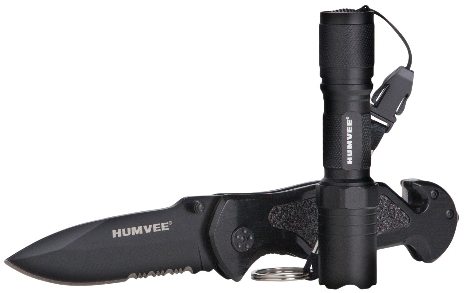 Humvee Adventure Gear HMVKCER1 3.25" Folding Rescue Knife Black Aluminum Handle Seatbelt Cutter Glass Breaker Pocket Clip and Flashlight