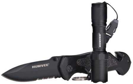 Humvee Adventure Gear HMVKCER1 3.25" Folding Rescue Knife Black Aluminum Handle Seatbelt Cutter Glass Breaker Pocket Clip and Flashlight
