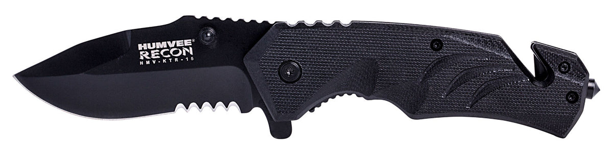 Humvee Adventure Gear HMVKTR15 3" Folding Drop Point Black SS Blade Tactical Knife Glass Breaker Seat Belt Cutter w/ Pocket Clip