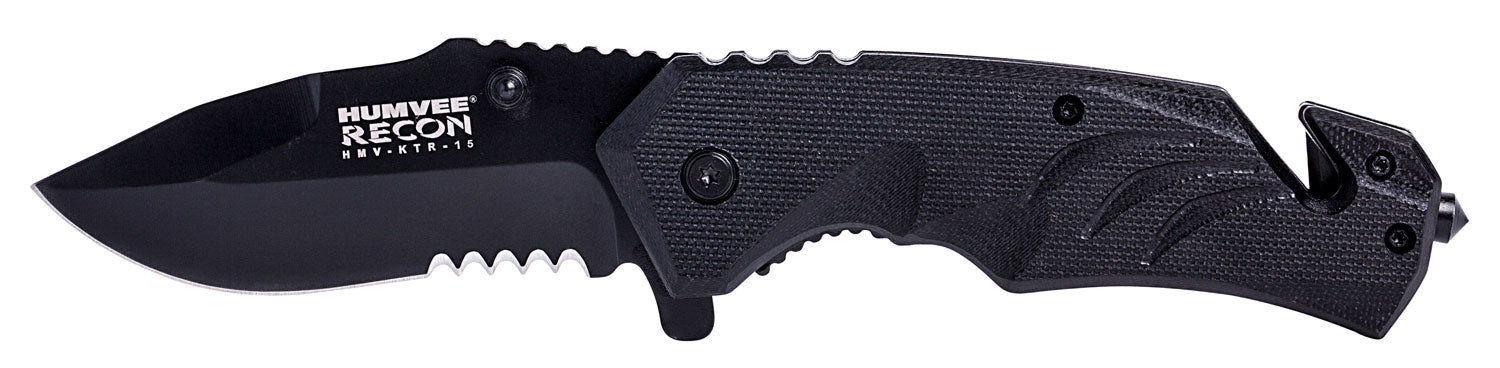 Humvee Adventure Gear HMVKTR15 3" Folding Drop Point Black SS Blade Tactical Knife Glass Breaker Seat Belt Cutter w/ Pocket Clip
