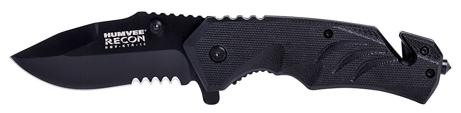Humvee Adventure Gear HMVKTR15 3" Folding Drop Point Black SS Blade Tactical Knife Glass Breaker Seat Belt Cutter w/ Pocket Clip