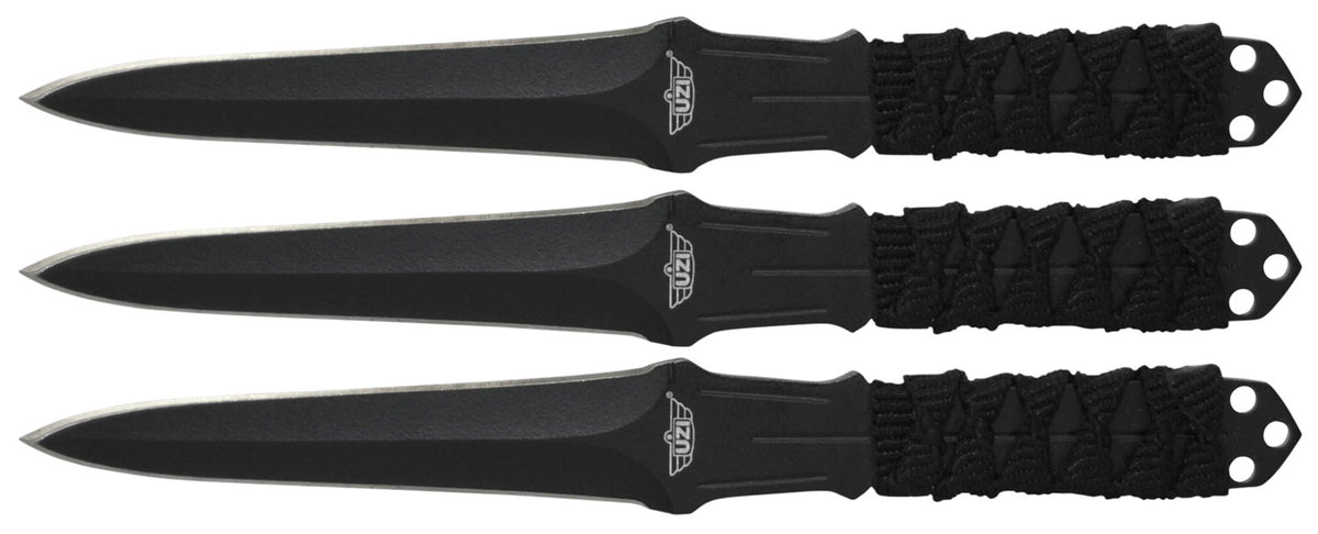 Uzi Accessories UZKTRW003 Throwing Knife III 3-Pack 3" Fixed Black Stainless Steel Blades, Nylon Cord Wrapped Handles