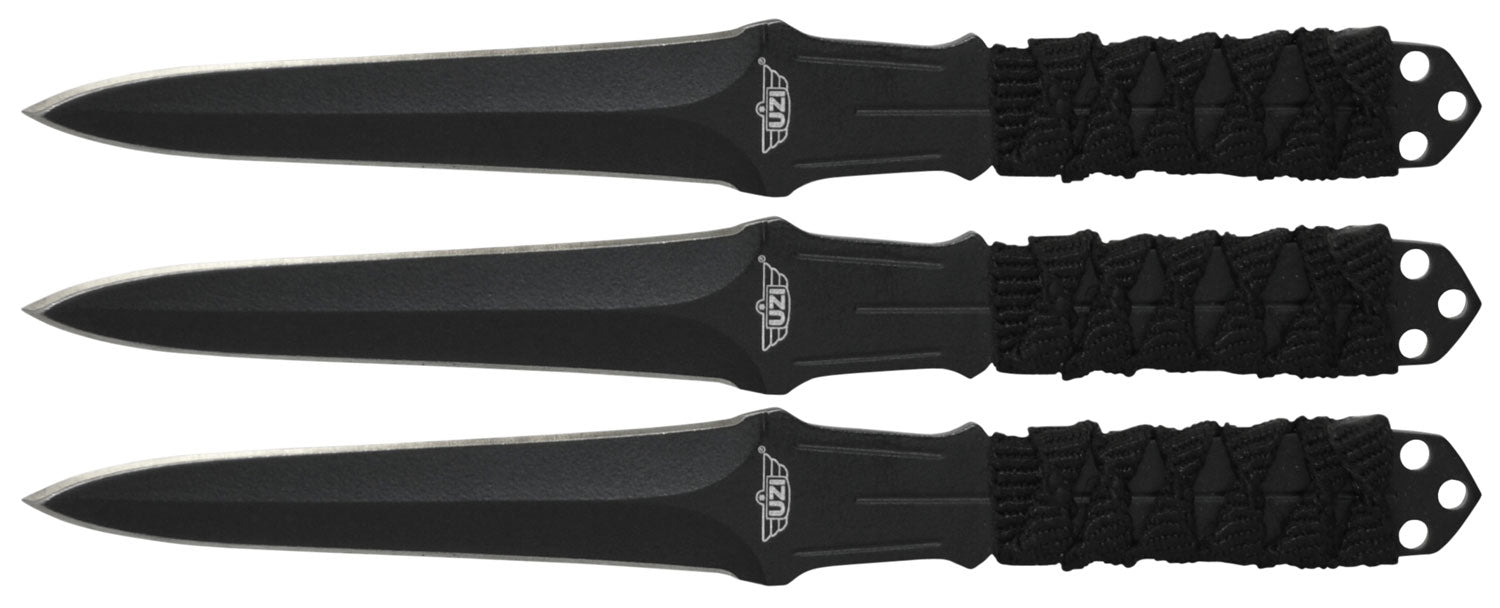 Uzi Accessories UZKTRW003 Throwing Knife III 3-Pack 3" Fixed Black Stainless Steel Blades, Nylon Cord Wrapped Handles