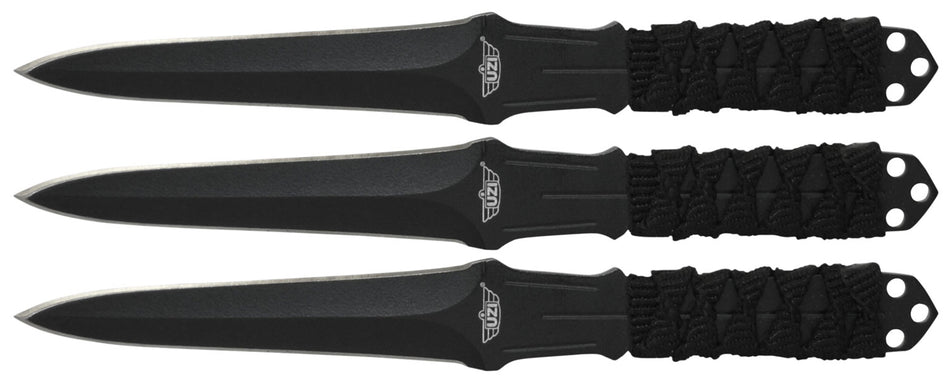 Uzi Accessories UZKTRW003 Throwing Knife III 3-Pack 3" Fixed Black Stainless Steel Blades, Nylon Cord Wrapped Handles