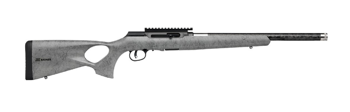 Savage Arms 47253 A Series TimberLite 22LR 10+1 18" Black Threaded Carbon Fiber/SS Barrel, Black Picatinny Rail Steel Receiver, Gray w/Black Webbing Synthetic Fixed Thumbhole Stock