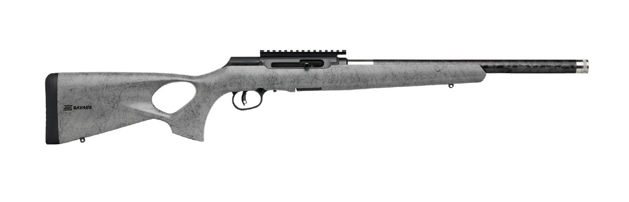 Savage Arms 47253 A Series TimberLite 22LR 10+1 18" Black Threaded Carbon Fiber/SS Barrel, Black Picatinny Rail Steel Receiver, Gray w/Black Webbing Synthetic Fixed Thumbhole Stock