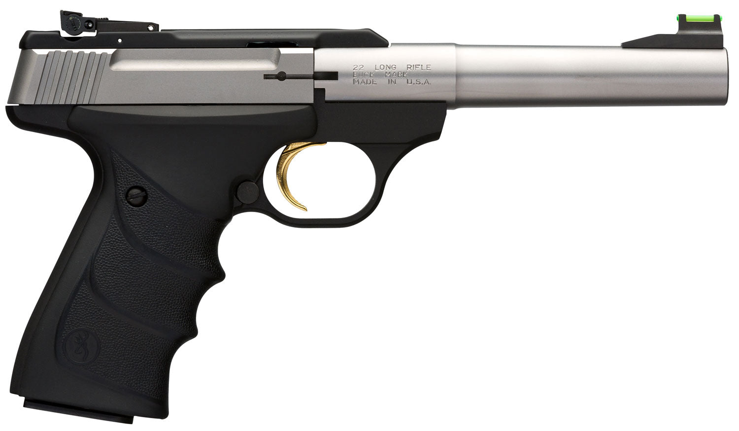 Browning 051442490 Buck Mark Camper *CA Compliant 22 LR 10+1 5.50" Taper Bull Barrel, Matte Stainless Serrated SS Slide & Aluminum Frame, Black Ultragrip RX Grips