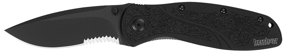 Kershaw 1670BLKST Blur Folding Knife 3.40" Part Serrated Drop Point Black DLC 14C28N Blade Black Aluminum Handle & Pocket Clip