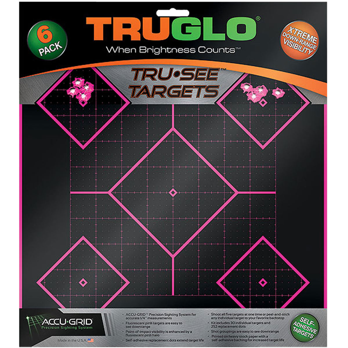 TruGlo Tru-See 5-Diamond Adhesive Heavy Paper Black and Pink Shooting Target 12"x12" 6 Pack