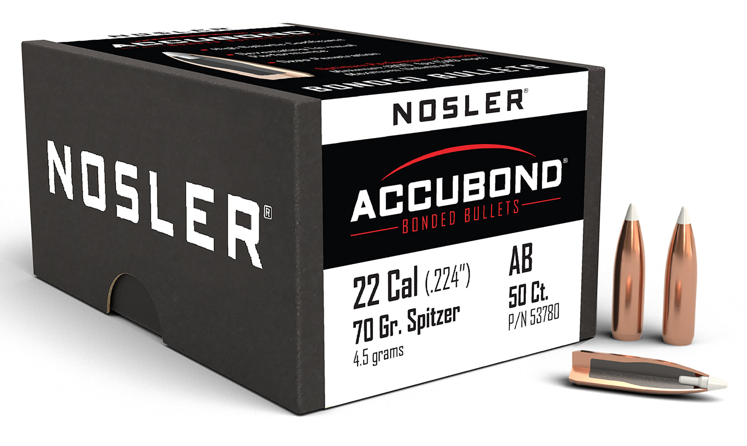Nosler 53780 AccuBond .22 Caliber 70 Grain Spitzer Point Bullets 50/Box