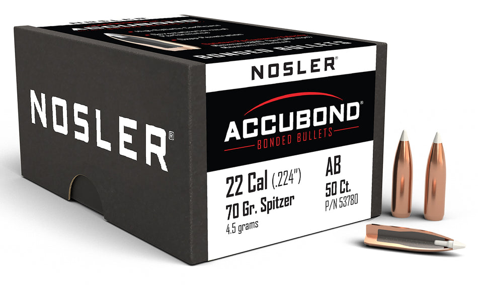 Nosler 53780 AccuBond .22 Caliber 70 Grain Spitzer Point Bullets 50/Box