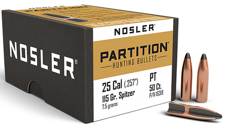 Nosler 16318 Partition .25 Caliber 115 Grain Spitzer Bullets 50/Box