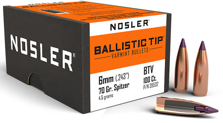Nosler 39532 Ballistic Tip 6mm Caliber 70 Grain Spitzer Point Bullets 100/Box