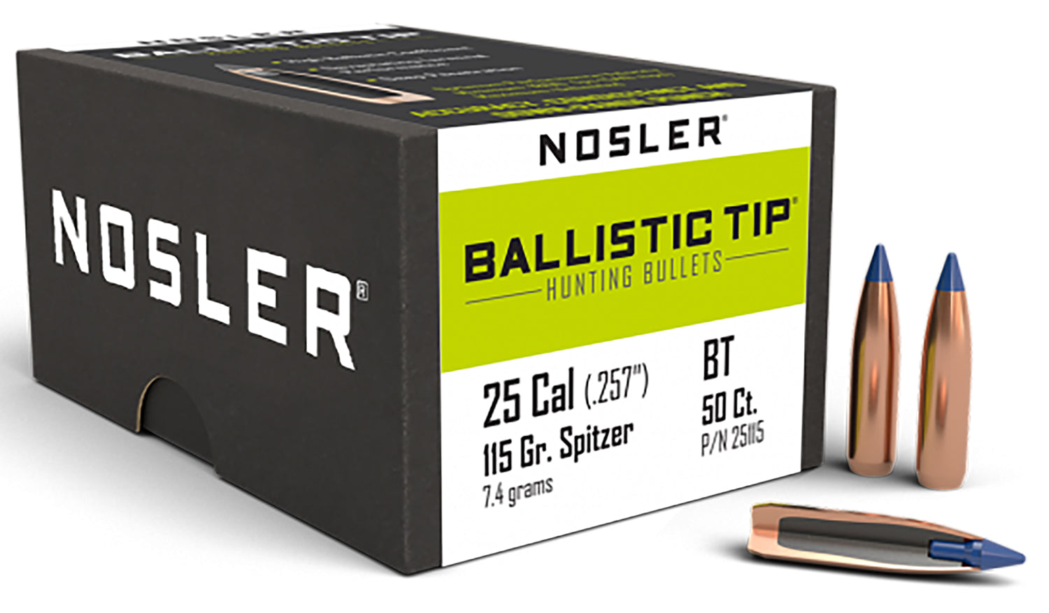 Nosler 25115 Ballistic Tip 25 Caliber 115 Grain Spitzer Point Bullets 50/Box