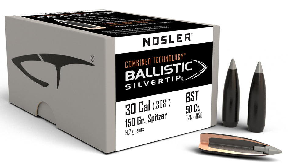 Nosler 51150 Combined Technology Ballistic Silvertip 30 Caliber 150 Grain Bullets 50/Box