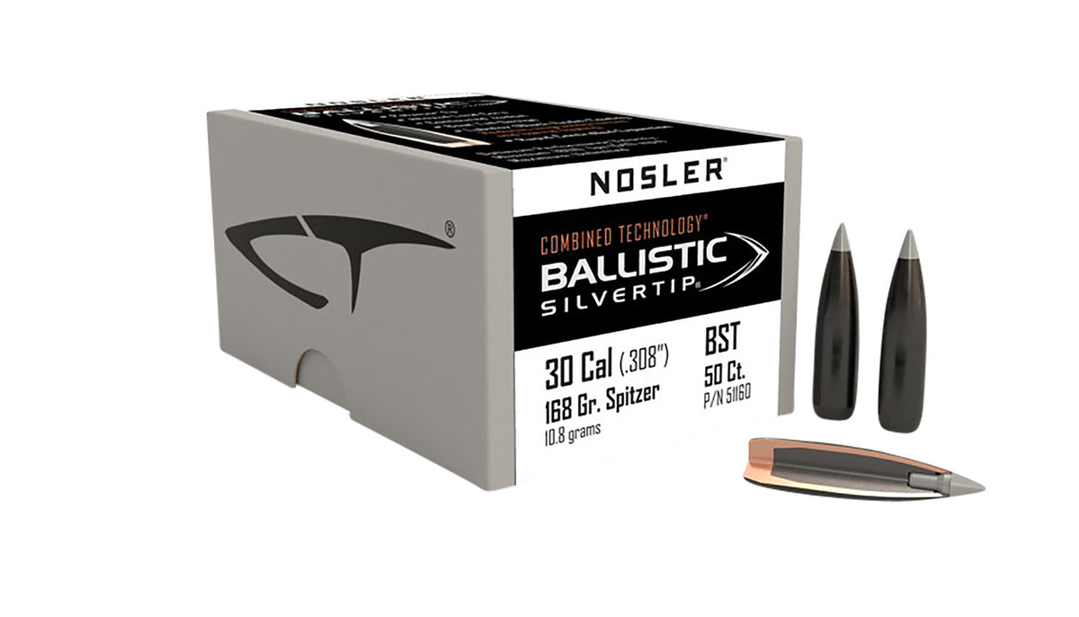 Nosler 51160 Combined Technology Ballistic Silvertip 30 Caliber 168 Grain Bullets 50/Box