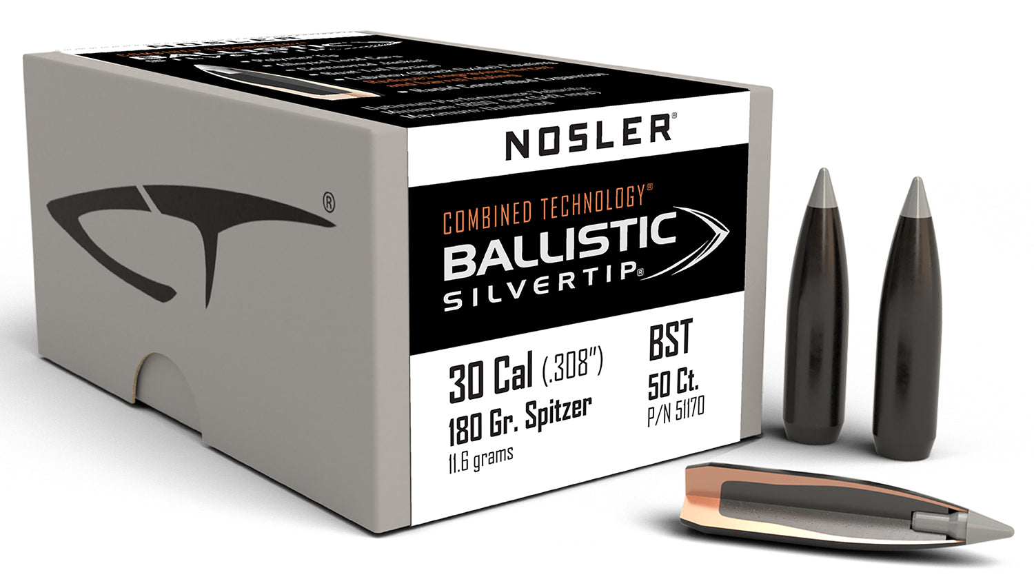 Nosler 51170 Combined Technology Ballistic Silvertip 30 Caliber 180 Grain Bullets 50/Box