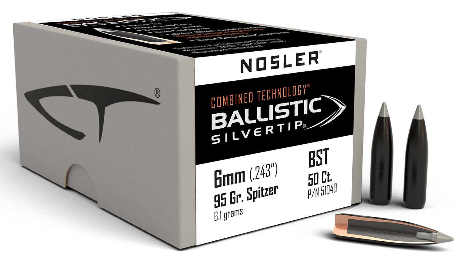 Nosler 51040 Combined Technology Ballistic Silvertip 6mm 95 Grain Bullets 50/Box