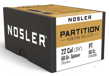 Nosler 16316 Partition 22 Caliber 60 Grain Partition Spitzer Bullets 50/Box
