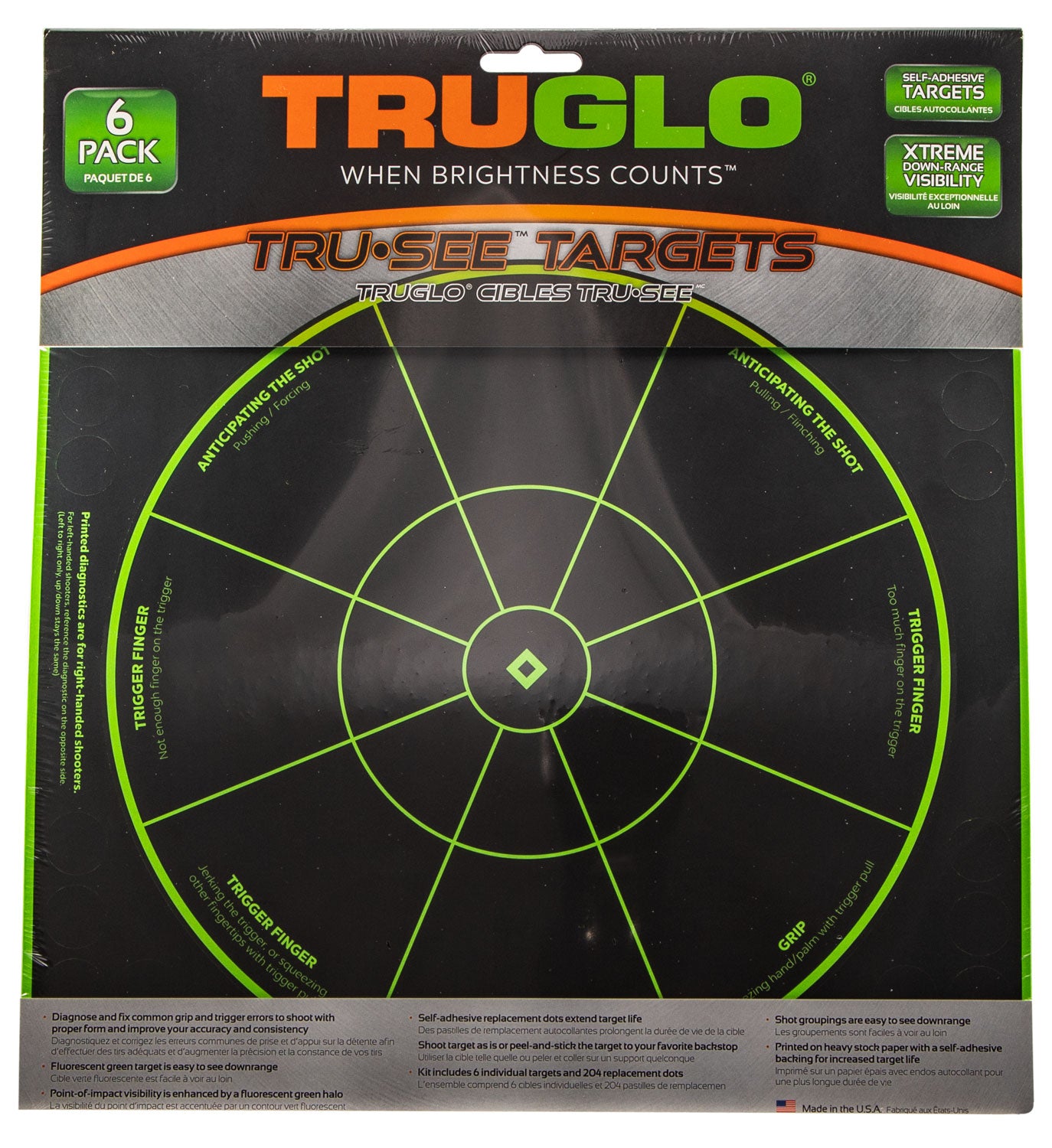 TruGlo Tru-See Handgun Diagnostic Adhesive Heavy Paper Black and Green Bullseye Target 12"x12" 6 Pack