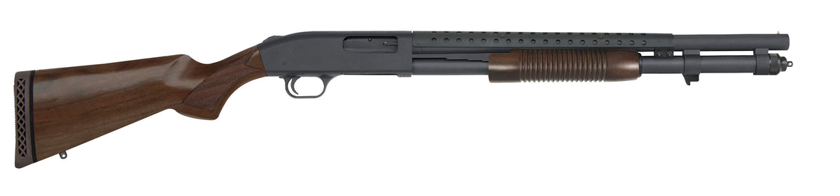 Mossberg 52150 590 Retrograde 12 Gauge Pump 3" 8+1 20" Matte Blued Heat Shield Barrel, Matte Blued Drilled & Tapped Receiver, Fixed Walnut Stock