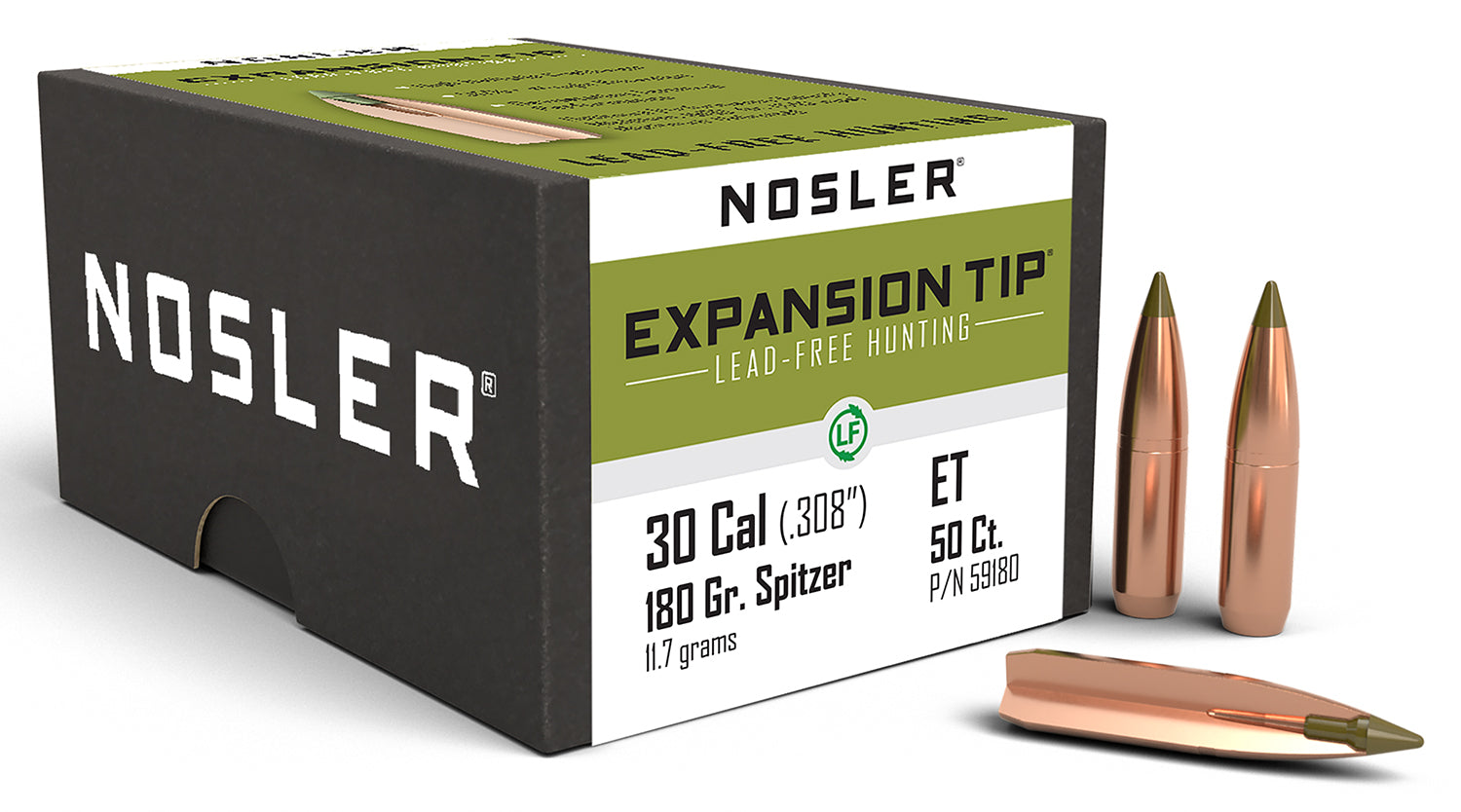 Nosler 59180 E-Tip .30 Cal 180 Grain Lead-Free Expansion Tip Bullets 50/Box