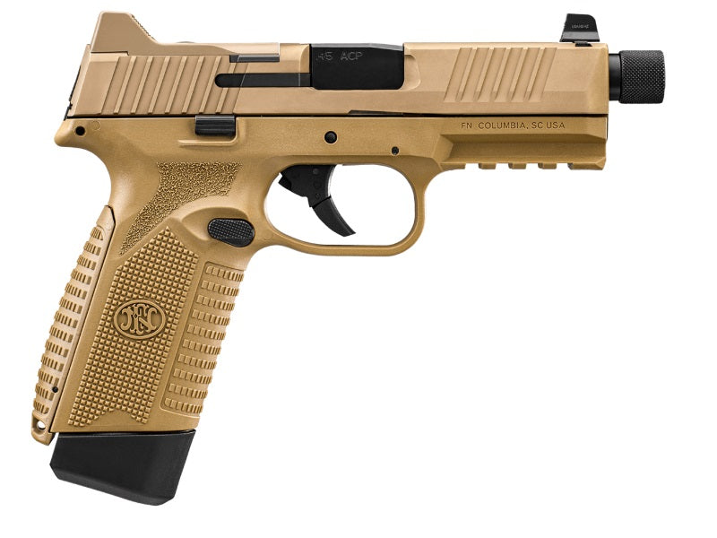 FN 66101386 545 Tactical 45 ACP 10+1 4.71" Black Target Crown/Threaded Steel Barrel, Flat Dark Earth PVD Optic Cut/Serrated Slide & Polymer Frame w/Picatinny Rail, Ambidextrous