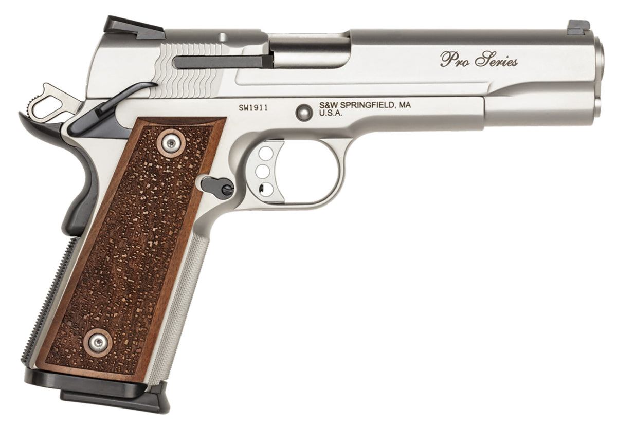 Smith & Wesson 178017 1911 Performance Center Pro Full Size Frame 9mm Luger 10+1, 5" Stainless Steel Barrel, Matte Silver Serrated Stainless Steel Slide & Frame w/Beavertail, Wood Grip