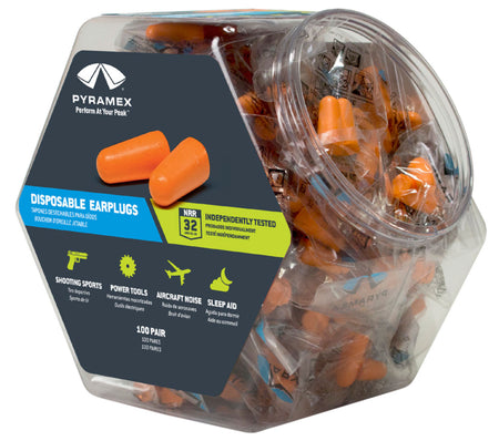 Pyramex PYDP1000BN Soft Disposable Foam Earplugs 32 dB, Orange Adult, 100 Pair Bin