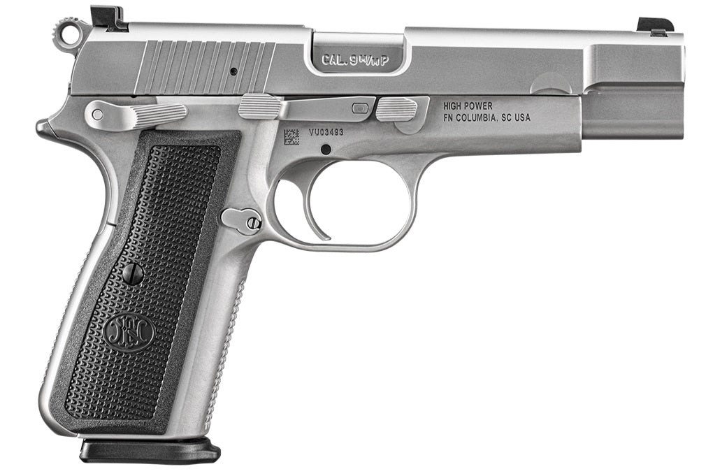 FN 66101116 High Power 9mm Luger 10+1 4.70" Black Target Crown Steel Barrel, Stainless PVD Serrated Steel Slide, Matte Stainless Steel Frame w/Beavertail, Black Textured Polymer Grip, Ambidextrous