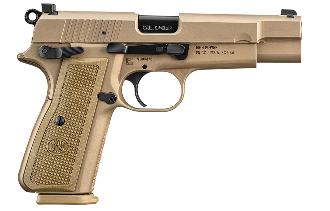 FN 66101069 High Power 9mm Luger 17+1, 4.70" Black Target Crown Steel Barrel, Flat Dark Earth PVD Serrated Steel Slide & Steel Frame w/Beavertail, FDE Textured Polymer Grip, Ambidextrous