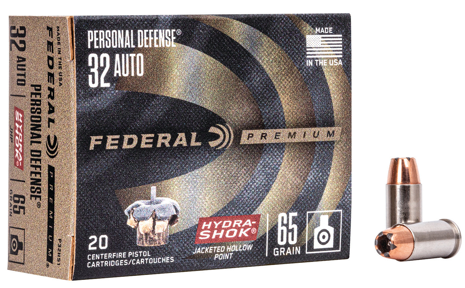 Federal .32 ACP Premium Personal Defense 65 grain Hydra-Shok Jacketed Hollow Point ammunition