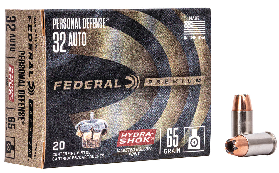 Federal .32 ACP Premium Personal Defense 65 grain Hydra-Shok Jacketed Hollow Point ammunition