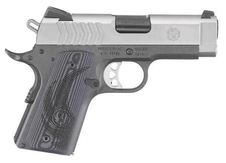 Ruger 6758 SR1911 Officer-Style 9mm Luger 7+1 3.60" Black Steel Barrel, Serrated Stainless Steel Slide, Tungsten Gray Cerakote Aluminum Frame w/Beavertail, Deluxe Checkered G10 Grip