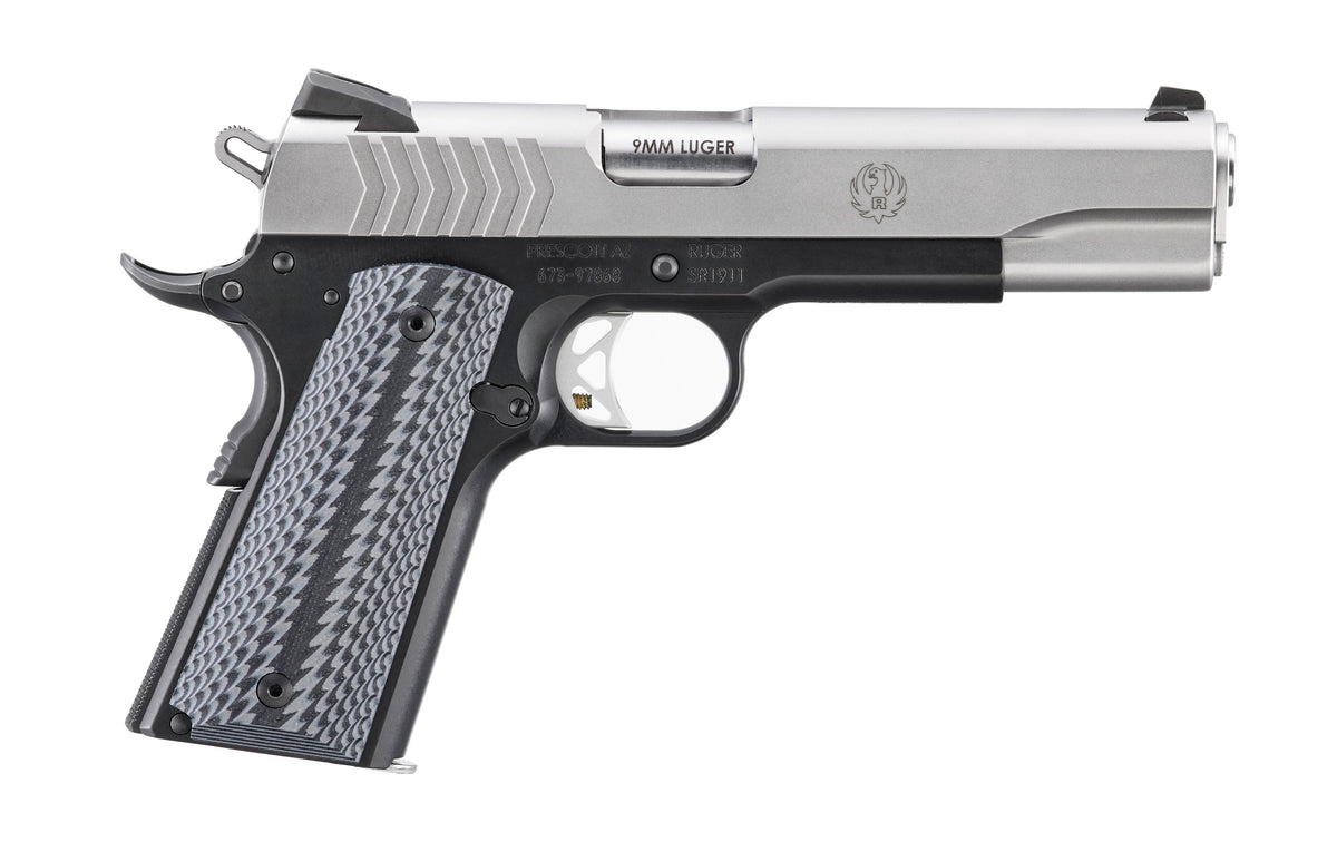Ruger SR1911 Full Size 9mm Luger 9+1 5" Stainless Steel Barrel, Satin Stainless Steel Serrated Slide, Black Anodized Aluminum Frame w/Beavertail, Black/Gray G10 Grip