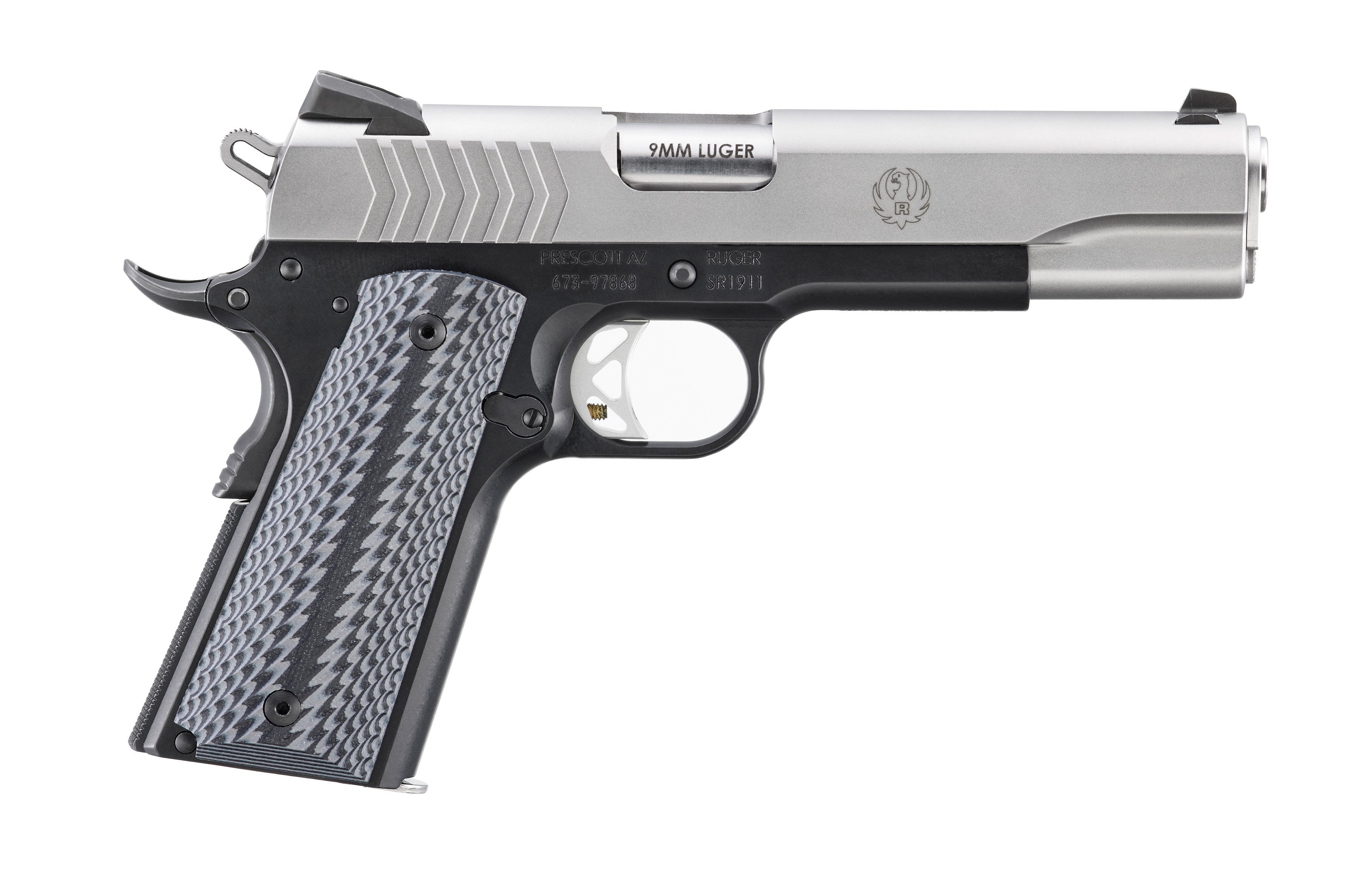 Ruger SR1911 Full Size 9mm Luger 9+1 5" Stainless Steel Barrel, Satin Stainless Steel Serrated Slide, Black Anodized Aluminum Frame w/Beavertail, Black/Gray G10 Grip