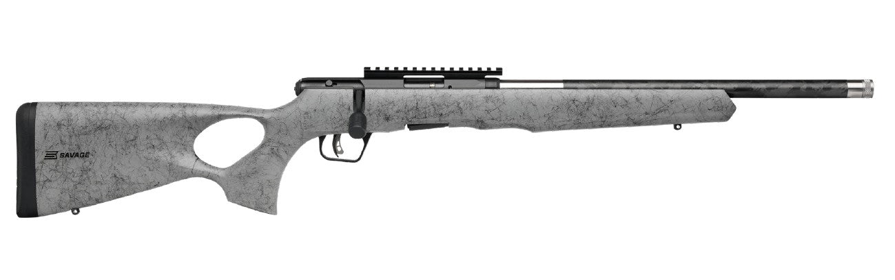 Savage Arms 70218 B Series TimberLite 22 LR 10+1 18" Carbon Fiber Threaded Barrel, Matte Black Picatinny Rail Carbon Steel Receiver, Gray w/Black Webbing Fixed Thumbhole Synthetic Stock