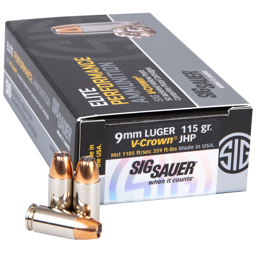 Sig Sauer 9mm Luger / Parabellum Elite Performance V-Crown 115 grain Jacketed Hollow Point ammunition