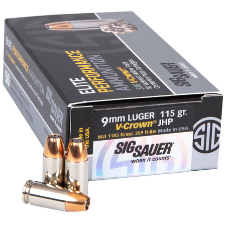 Sig Sauer 9mm Luger / Parabellum Elite Performance V-Crown 115 grain Jacketed Hollow Point ammunition