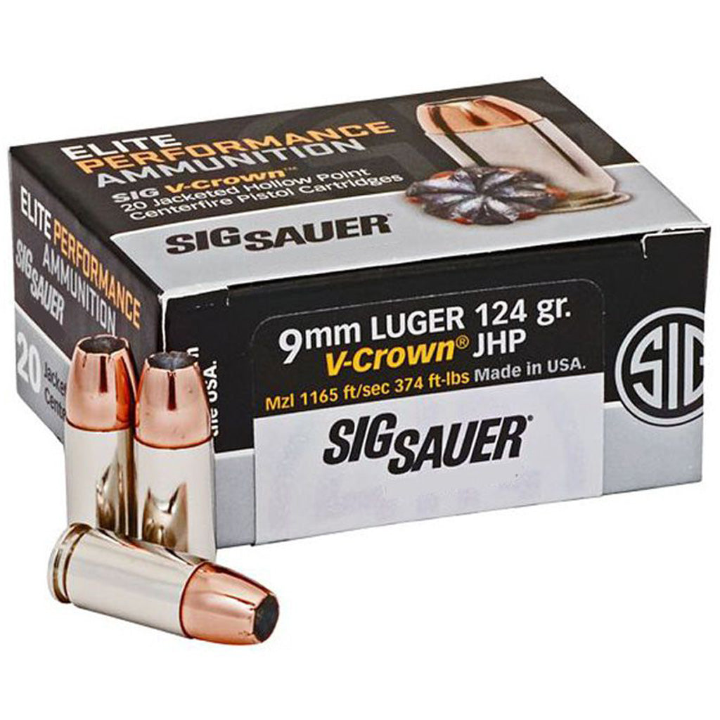 Sig Sauer 9mm Luger / Parabellum Elite Performance V-Crown 124 grain Jacketed Hollow Point ammunition