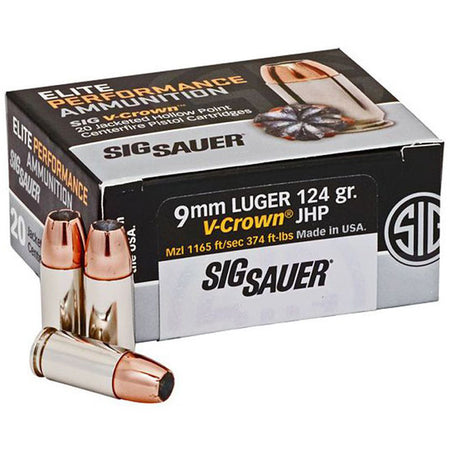 Sig Sauer 9mm Luger / Parabellum Elite Performance V-Crown 124 grain Jacketed Hollow Point ammunition