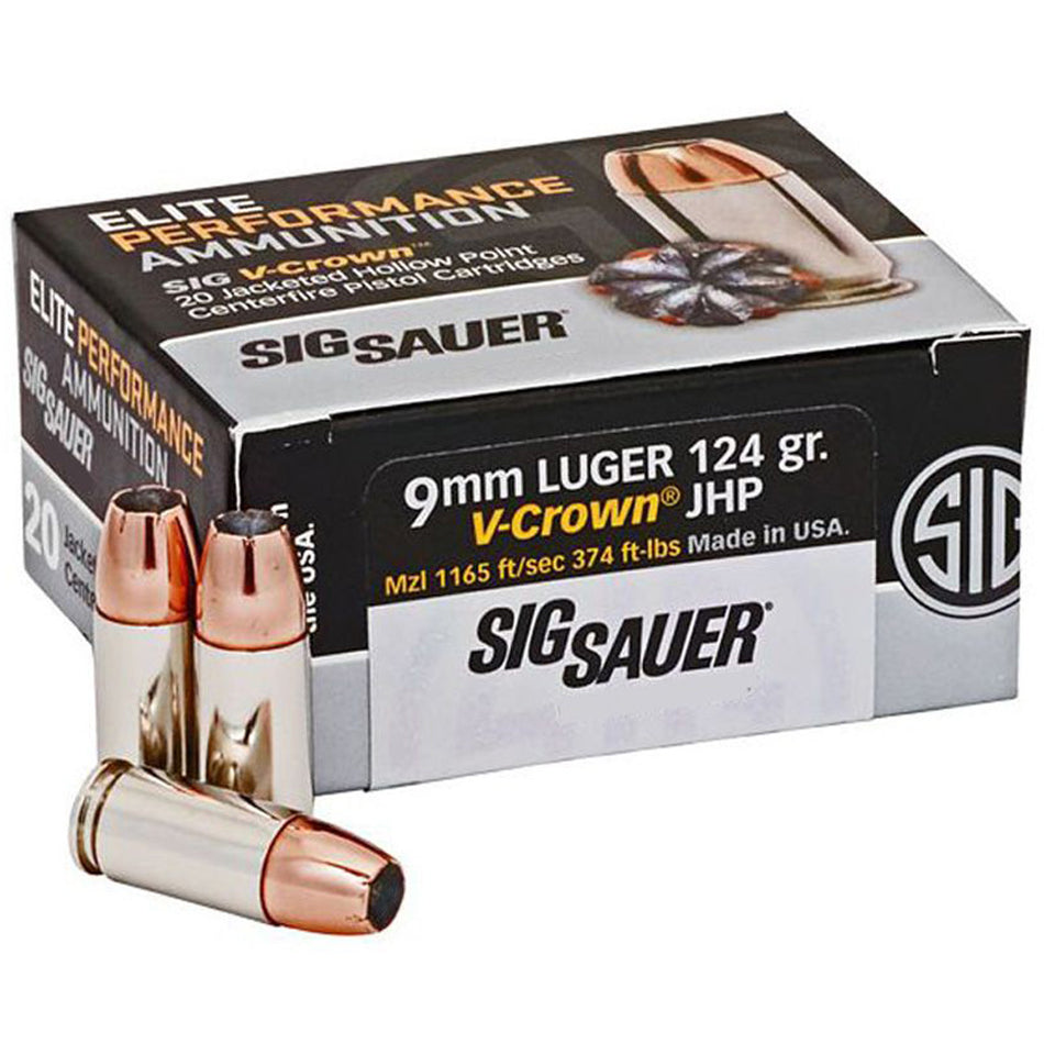 Sig Sauer 9mm Luger / Parabellum Elite Performance V-Crown 124 grain Jacketed Hollow Point ammunition