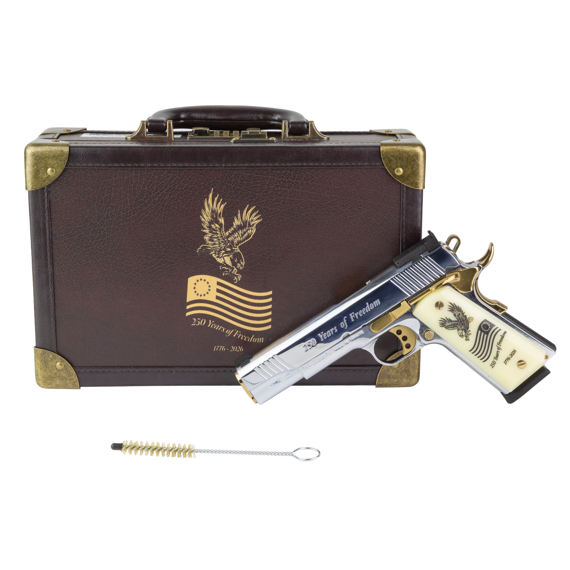 Girsan 391096 MC1911 USA 250th 45 ACP 8+1 5" Polished Chrome Stainless Steel Serrated Slide & Frame w/Beavertail, Eagle w/Flag Grip