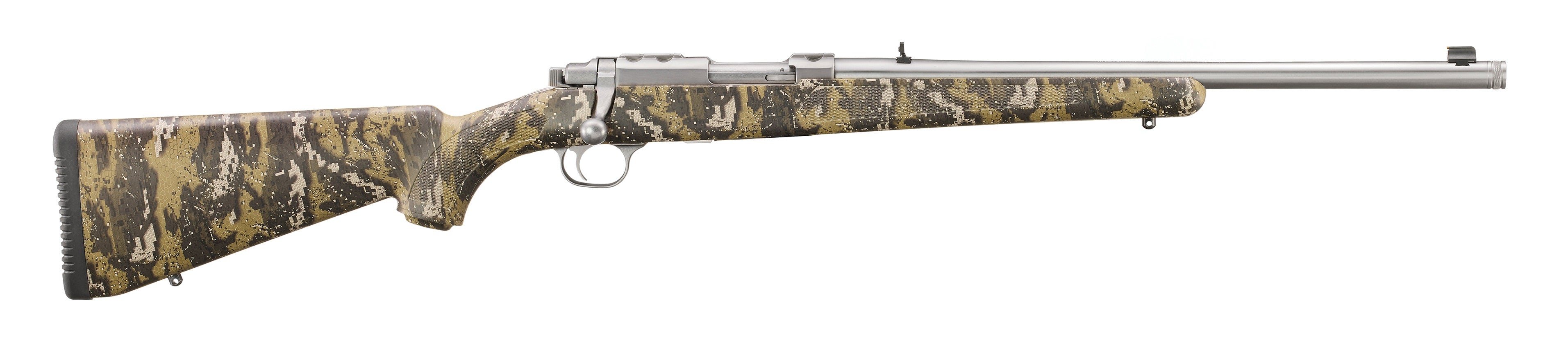 Ruger 7420 77/357 357 Mag 5+1 18.50" Brushed Stainless Threaded Barrel, Brushed Stainless Integral Scope Mount, Fixed Desolve Bare Reduced Camo Synthetic Stock, Thread Protector