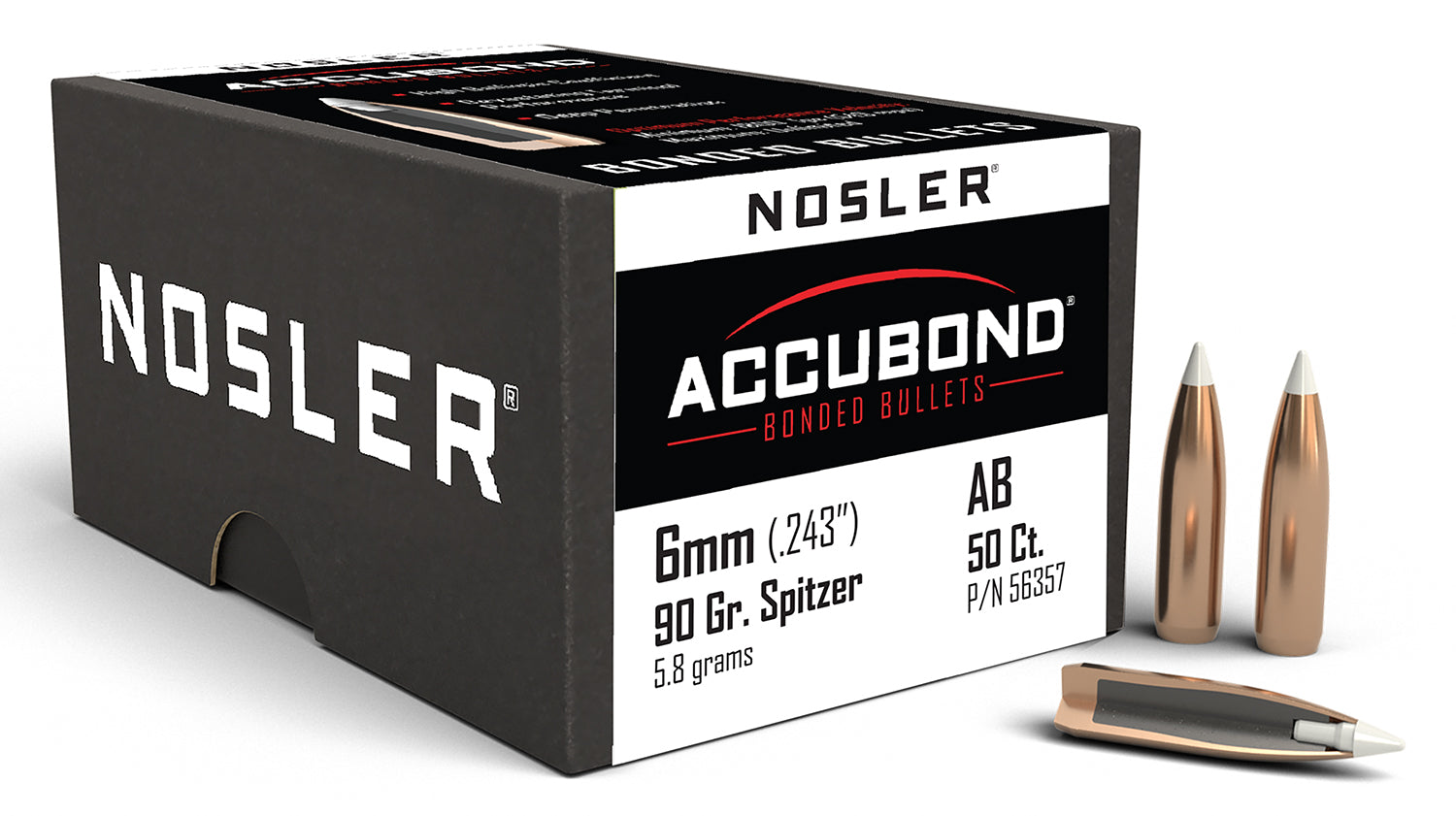 Nosler 56357 AccuBond .243 6mm 90 Grain Spitzer Point Bullets 50/Box