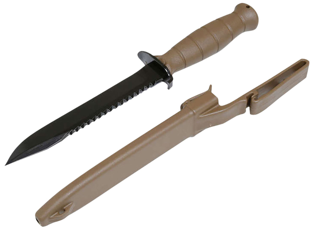Glock KDO39179 7" Fixed Blade Field Knife Clip Point/Saw Black Carbon Steel, FDE Trimond Handle