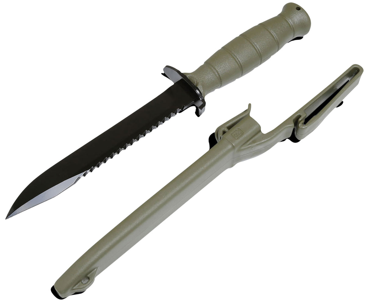 Glock KF039181 7" Fixed Blade Field Knife Clip Point/Saw Black Carbon Steel, Battlefield Green Trimond